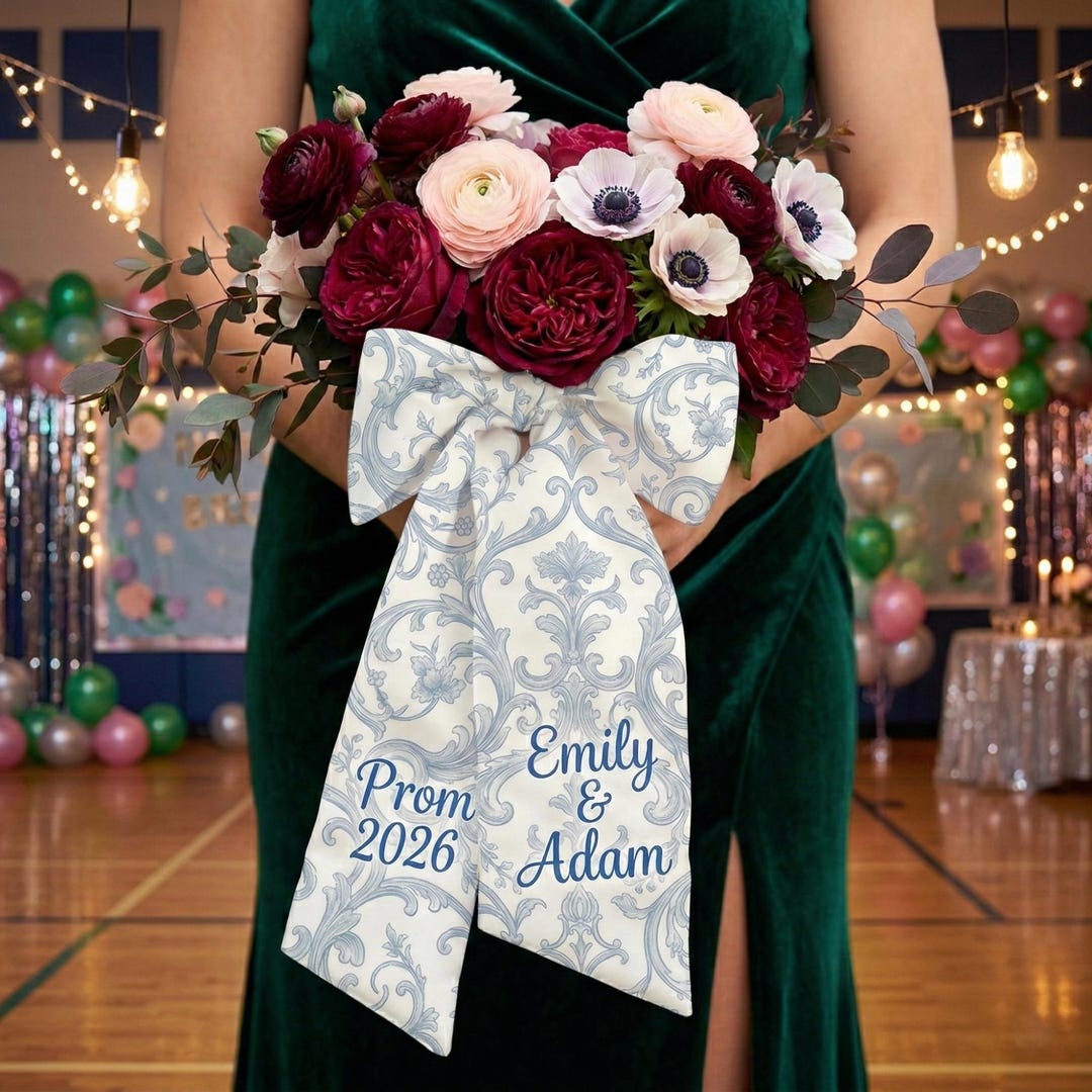 Personalized Prom Bouquet Sash: Chinoiserie Floral Ribbon, Custom Name ...