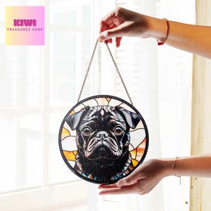 Black Pug Portrait Glass Suncatcher: Dog Window Hanging
