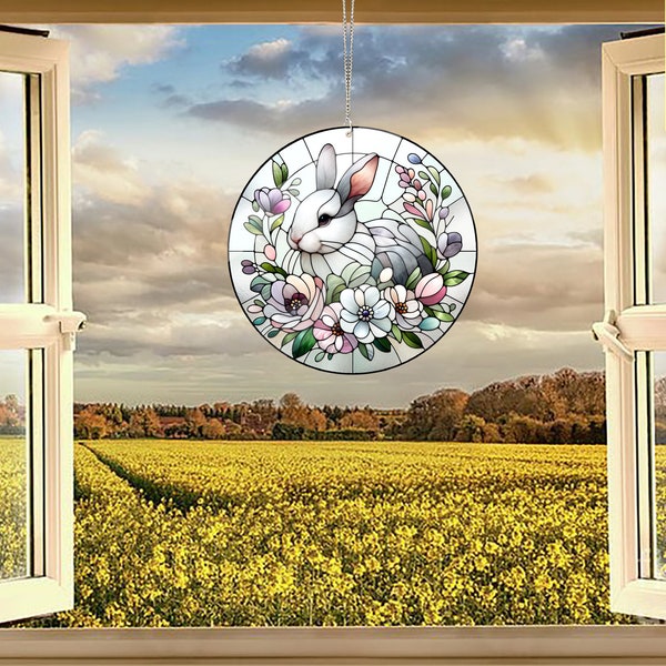 ACRYL Blumenkaninchen Fensterbehang, FAUX Buntglas, niedlicher Hase, Bauernhausdekor, Muttertagsgeschenk, Housewarminggeschenk, Häschenmamageschenk