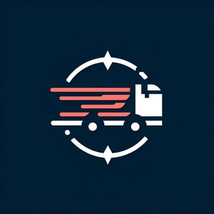 May include: A white delivery truck with red wings, symbolizing speed, inside a white circle with four arrows pointing in different directions, representing all-around delivery.