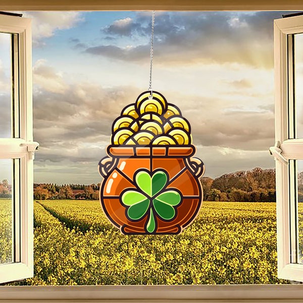 ACRYL Goldtopf Fensterbehang, St Patrick Wohnkultur, irisches Geschenk, Geschenk für Iren, St Patrick Dekor, glückliches Geschenk, Familiengeschenk, wohlhabendes Geschenk