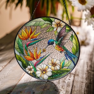 Hummingbird and Paradise flower GLASS Suncatcher Hanging, hummingbird lovers, Window hanging, Suncatcher ornament, MOTHERS DAY gift 2025
