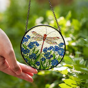 Dragonfly Forget-Me-Not Glass Suncatcher: Floral Window Art