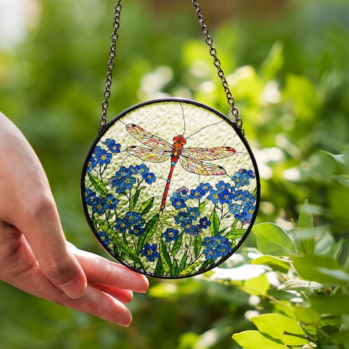 Attrape-soleil en verre myosotis libellule : oeuvre d'art florale pour fenêtre