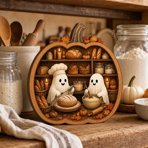 May include: A pumpkin-shaped wooden shelf display featuring two white ghost figures baking in a kitchen. The scene includes miniature shelves stocked with loaves of bread, jars, and candles, accented with small orange autumn leaves and a rolling pin.