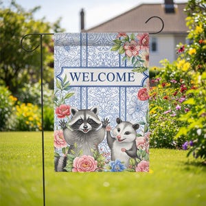 Raccoon And Possum Welcome Garden Flag, Trash Panda House Flag, Kute Animal Flag Decor, Animal Outdoor Banner, Raccoon Lover, Possum Welcome