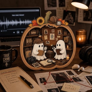 May include: A wooden pumpkin-shaped diorama featuring two white ghosts acting as detectives in a study. The scene includes a corkboard with photos, books, a camera, and a magnifying glass. The top is decorated with a sunflower, leaves, and a hat.