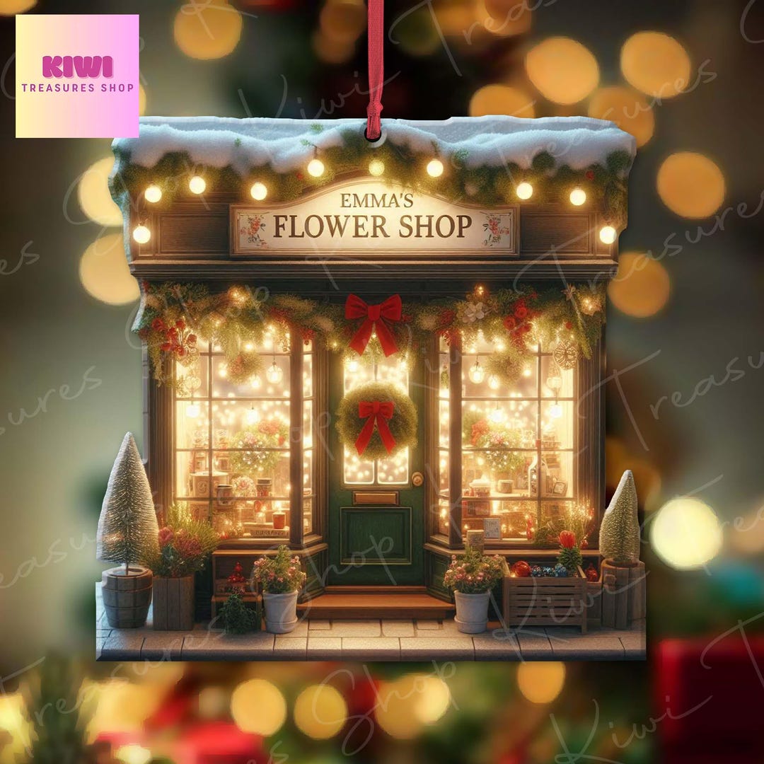 Personalized Flower Shop Front View Xmas Ornament, 2d Flat Flower Shop