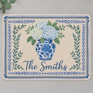 Personalized Blue Hydrangea Doormat: Custom Family Name Welcome Mat