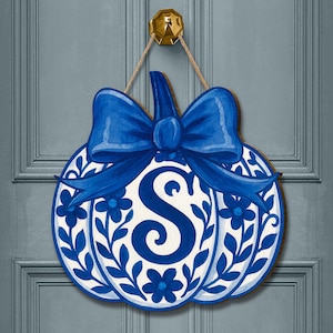 Personalized Chinoiserie Pumpkin Door Hanger: Blue Fall Monogram