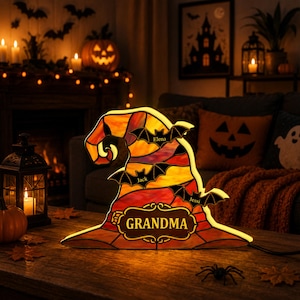 Scatola luminosa notturna personalizzata con foto, cappello da strega personalizzato, nomi della nonna e della famiglia, decorazione di Halloween