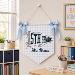 Custom Blue Gingham Grade Classroom Pennant with Ribbon and Teacher Name