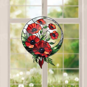 Red Poppies Flower ACRYLIC Window Hanging,, Poppy Flower, Celestial Flowers Pot, Mother's day gift 2025, Kitchen decor, FAUX stained glass