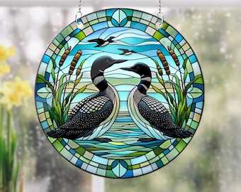 Loon Bird Couple Acrylic Window Hanging: Faux Stained Glass Art