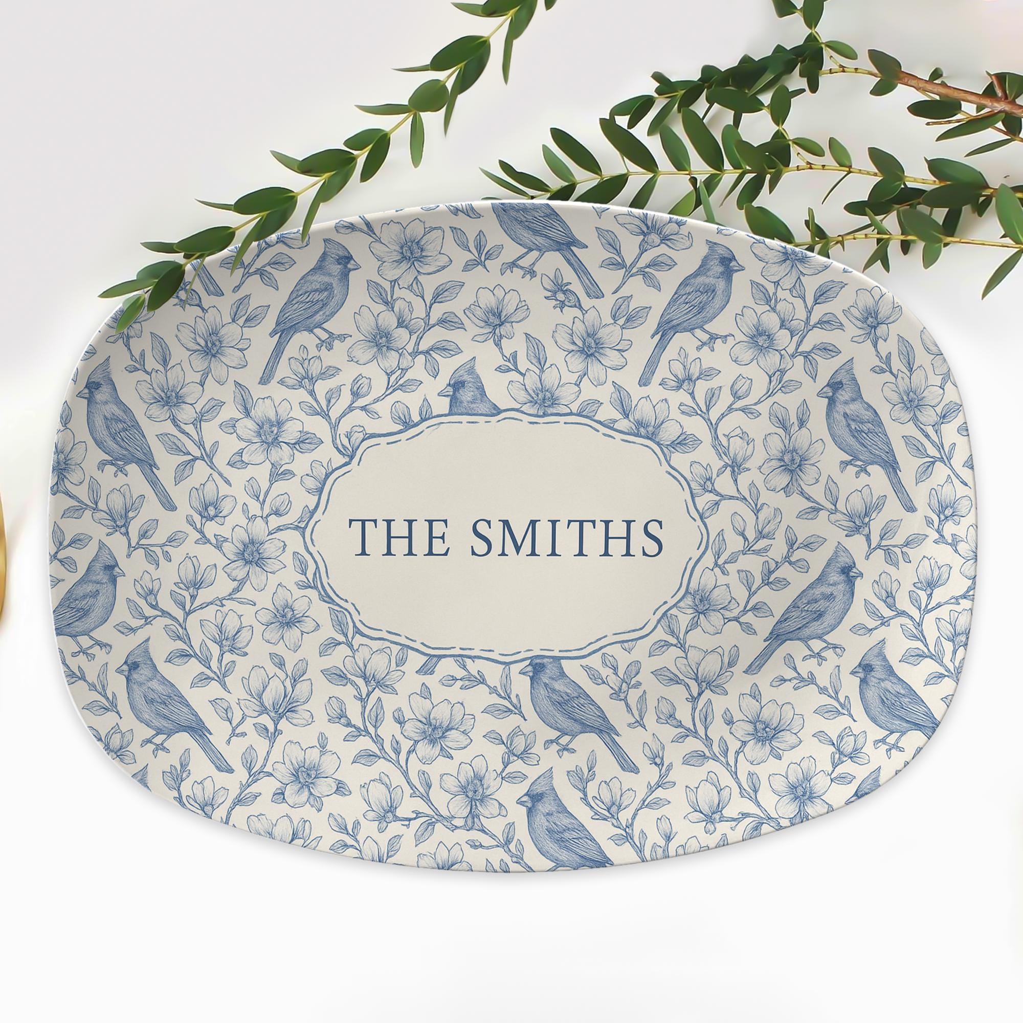 Custom Cardinal Magnolia Platter | Toile de Jouy style Family Name Plate | Personalized Bird Floral Dish | Elegant Cottagecore Home Gift
