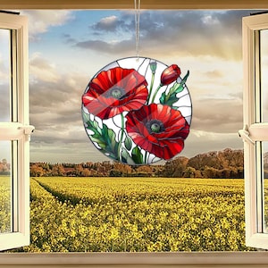 Roter Mohnblumen-Buntglas-Stil inspirierter Acryl-Fensterbehang, Wandkunst, Mohnblume, Blumentopf, Muttertagsgeschenk, Küchendekoration