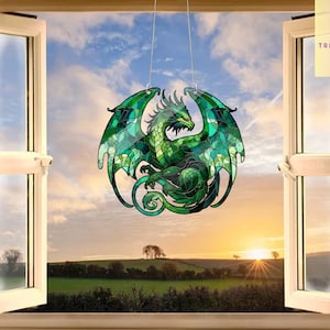 Green Dragon Acrylic Window Hangings, Dragon lovers gift, Faux Stained Glass, Home Decor, gift for kids, Dragon decor, Not suncatcher