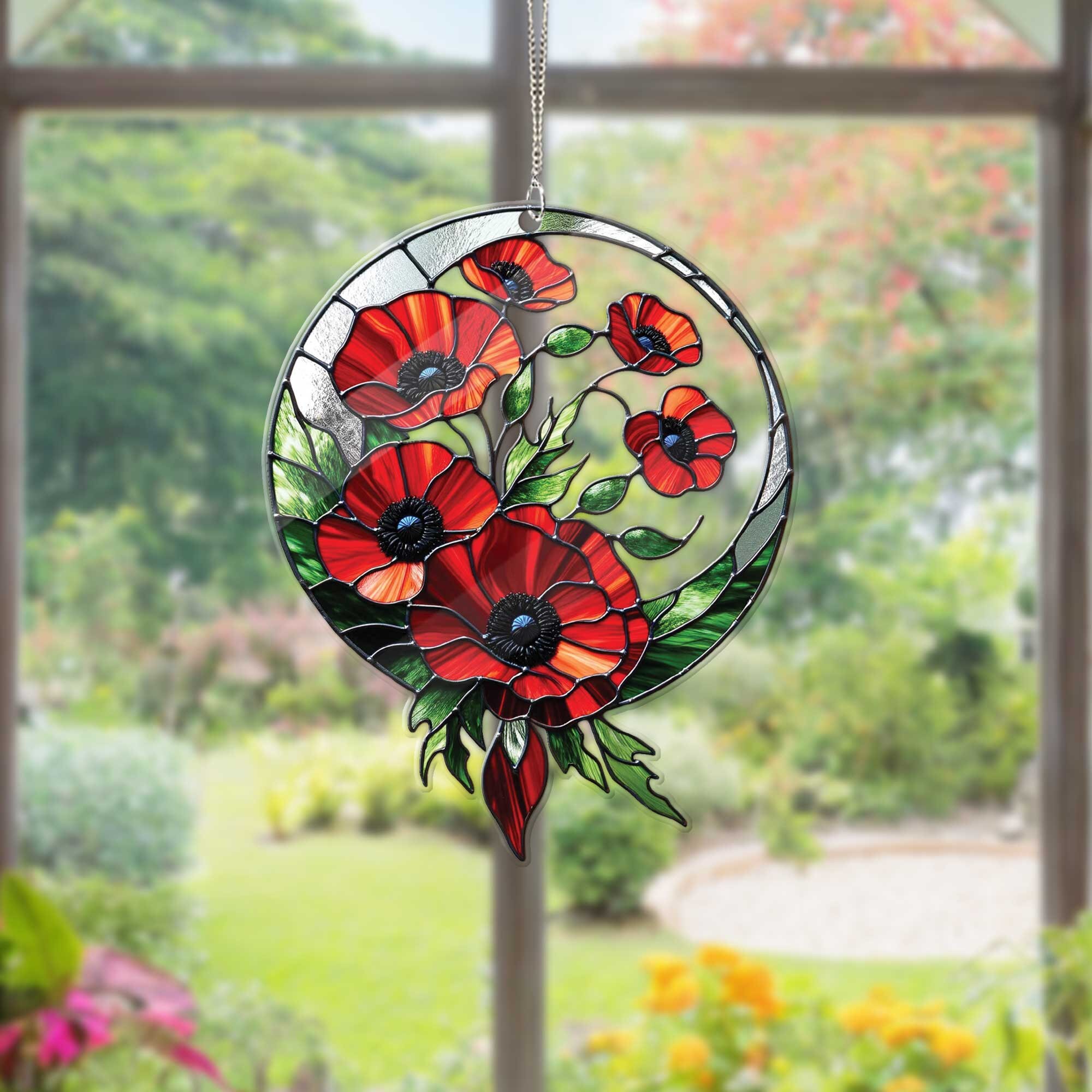 Red Poppy Acrylic Window Hanging: Faux Stained Glass Floral Decor