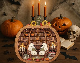 Puede incluir: Una caja de luz de madera con forma de calabaza que muestra una escena interior de dos fantasmas blancos sentados en sillones leyendo libros en una biblioteca. Incluye luces LED en miniatura, girasoles en la parte superior y velas.