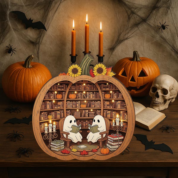 Halloween Book Stack Decor: Ghost, Pumpkin, Library - Wooden Accent
