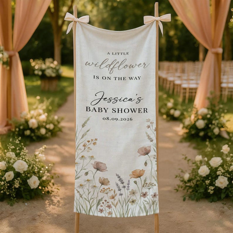 May include: A cream-colored baby shower welcome sign with floral illustrations and the text "A little wildflower is on the way." The sign is for Jessica's baby shower on 08.09.2026. The sign is held up by wooden poles and tied with cream-colored bows.