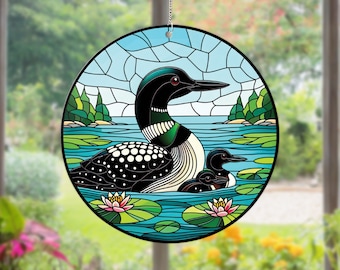 Loon Bird Family Acrylic Window Hanging: Faux Stained Glass Art