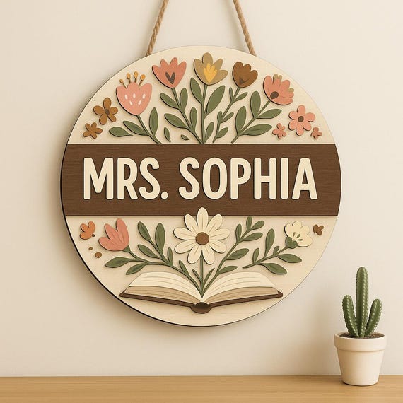 Custom Teacher Door Sign: Floral Classroom Decor, Personalized Wood Name Sign
