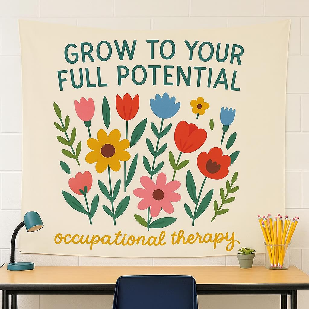 Occupational Therapy Tapestry, Grow to Your Full Potential Wall Decor, OT Office Banner, Therapist Classroom Floral Art Sign