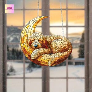 Goldendoodle Sleeping on Moon Acrylic Window Hanging: Dog Memorial Gift