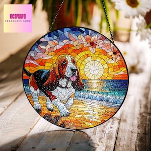 Basset Hound Suncatcher: Sunset Beach Glass Hanging Ornament