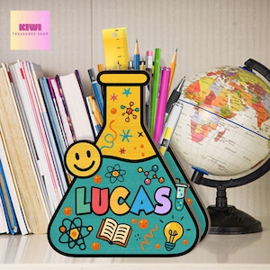 Personalized Science Teacher Pen Holder: Wooden Chemistry Desk Organizer