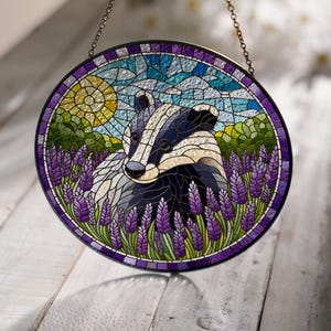 Badger in Lavender Field Glass Suncatcher: Whimsical Kitchen Decor