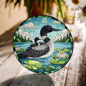 Loon Family Glass Suncatcher – Mother&#39;s Day Gift for Nature Loving Mom, Handcrafted Lake Bird Window Decor- Mother&#39;s day gift 2025