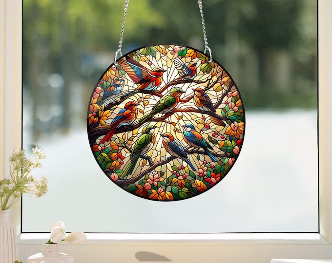 Beautiful Birds on branches Stained Glass style Acrylic Window Hanging, Bird lovers gift, Bird Nerds, Mothers day gift, faux stained glass