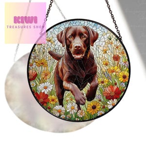 Chocolate Labrador Glass Suncatcher: Winter Wildflower Dog Art