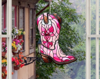 Pink Cowgirl Boot Acrylic Window Hanging: Western Home Decor