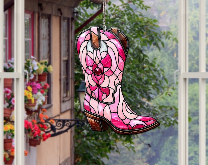 Pink Cowgirl Boot Acrylic Window Hanging: Western Home Decor