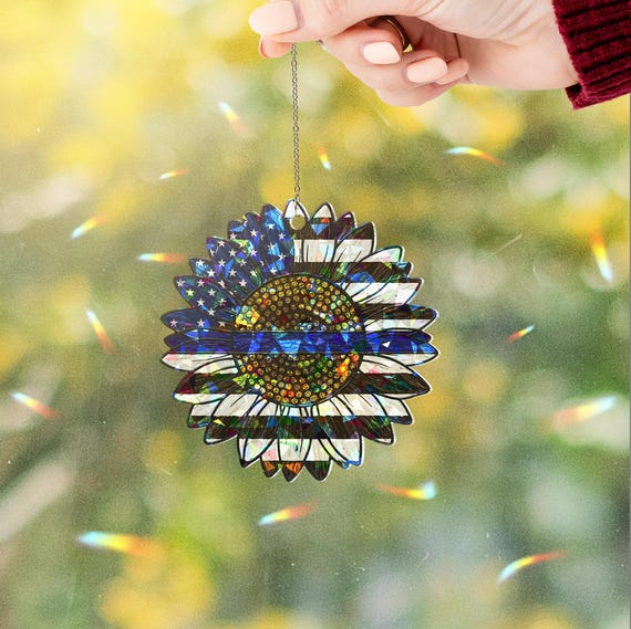 Police Mom Sunflower Suncatcher: Hologram Blue Line Window Decor