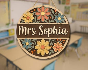 Custom Teacher Door Sign: Floral Wood Classroom Decor