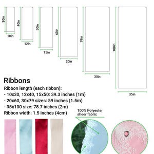 May include: A fabric welcome banner size chart displaying six rectangular banners ranging from 10x30 inches to 35x100 inches. Includes ribbon length specifications of 39.3, 59, and 78.7 inches, 1.5 inch wide ribbons, and a 2.6 inch wide lace trim detail.