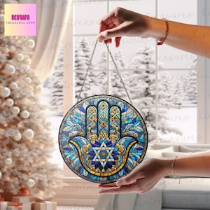 Hamsa Hand Star of David GLASS Suncatcher, Hanukkah Chanukah Suncatcher Ornament, Jerusalem spiritual window hanging, Jewish Festival