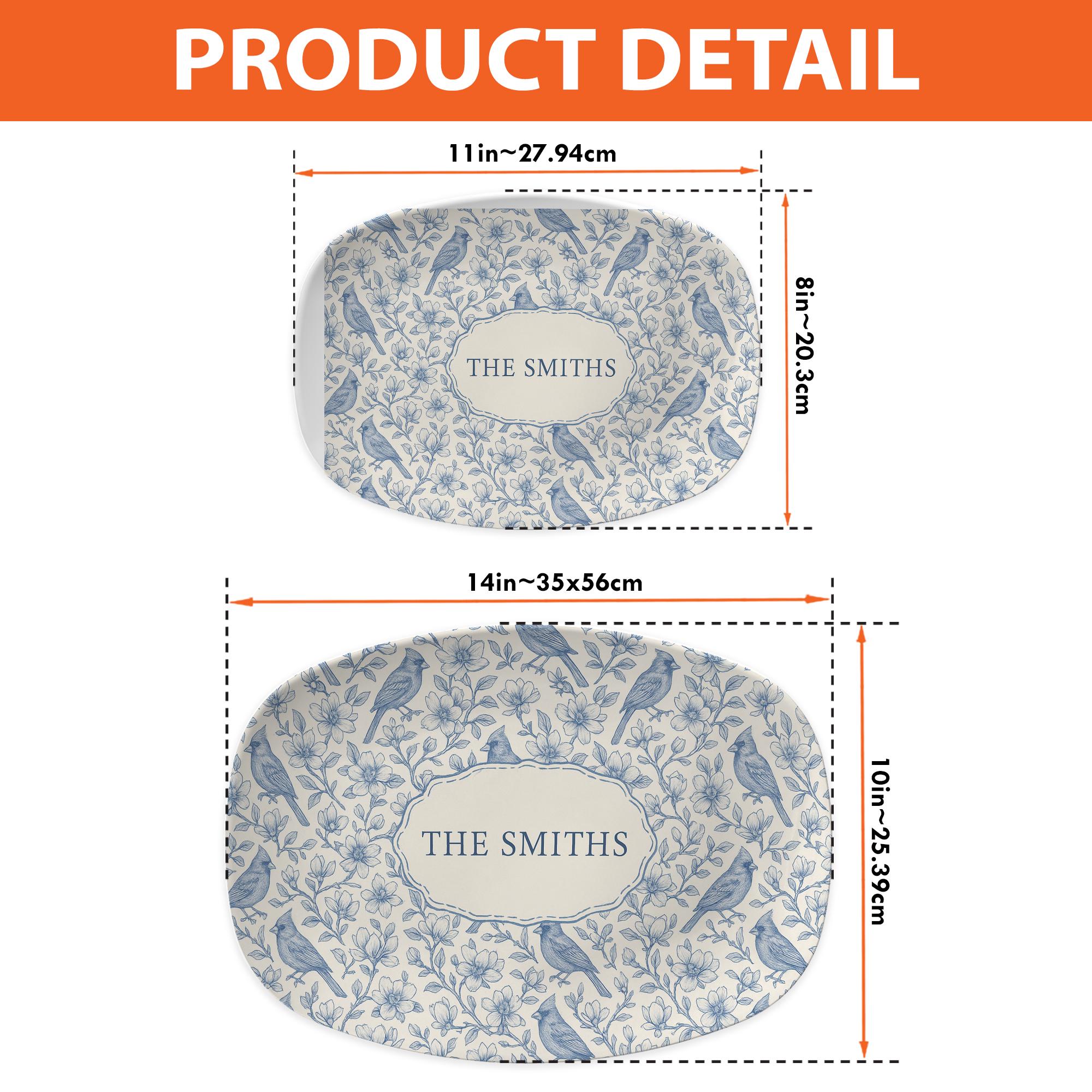 Custom Cardinal Magnolia Platter | Toile de Jouy style Family Name Plate | Personalized Bird Floral Dish | Elegant Cottagecore Home Gift