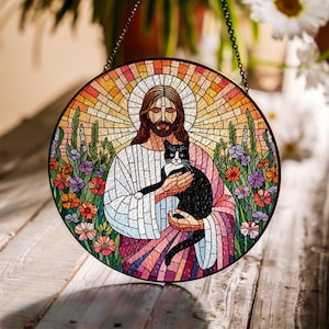 Jesus Holding tuxedo Cat Glass Suncatcher, Pet Memorial Window Decor, Christian Cat Lover Gift, Tuxedo Cat Rainbow Bridge Keepsake