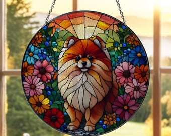 Pomeranian Dog Suncatcher: Floral Window Glass Decor