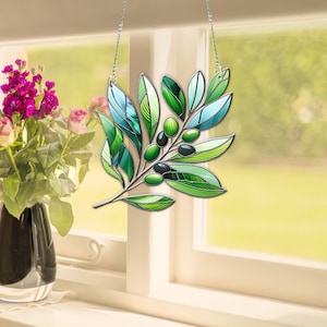 Olive Branch Faux Stained Glass Acrylic Window Hanging
