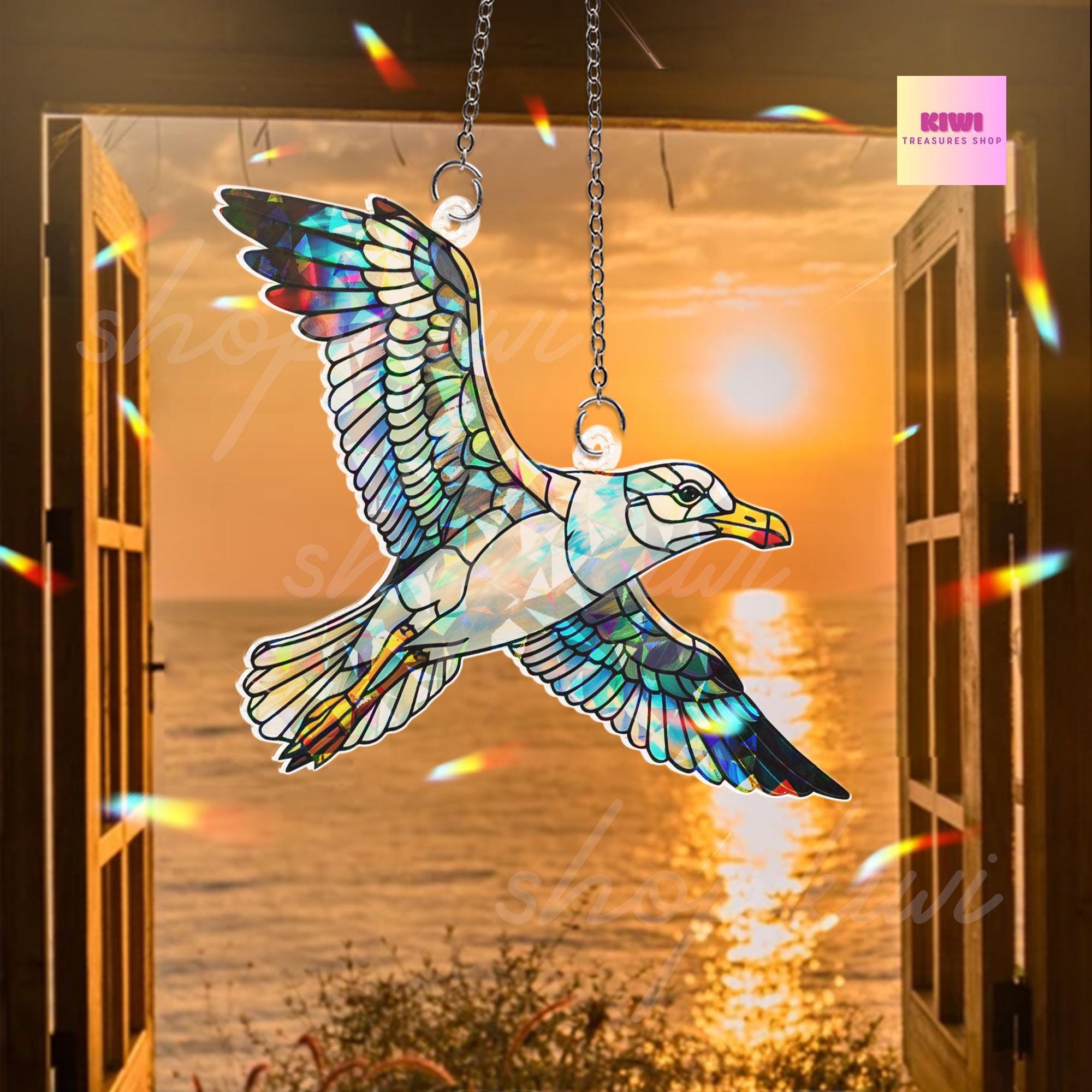 Holographic Seagull Suncatcher: Coastal Acrylic Window Hanging