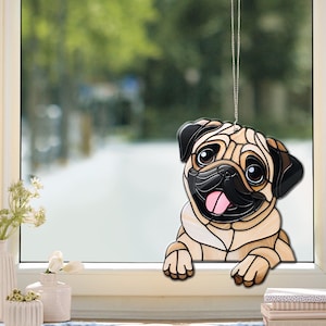 Pug Dog Peeking Acrylic Window Hanging: Pet Memorial Gift