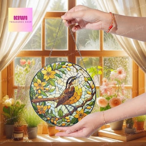 Carolina Wren on floral branch GLASS Hanging, Carolina Wren suncatcher, bird watching gift, Kitchen decor, stunning carolina wren glass