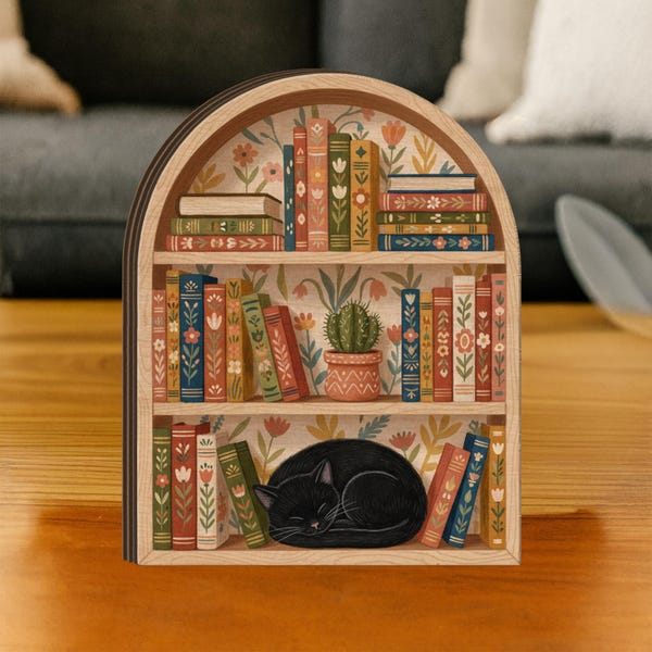 Book Lover Wooden Block Decor: Cat Reading Nook Shelf | Rustic Bookish Home Decor