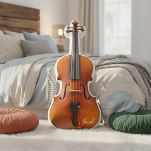 May include: A decorative violin-shaped pillow with a light brown finish, black strings, and a white border. The name "Jacob" is written in gold script on the lower right side. The pillow is placed on a bed with a neutral color scheme.